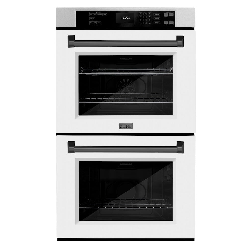 ZLINE Autograph Edition 30 in. Professional True Convection Double Wall Oven with Air Fry and Self Clean in Satin Stainless Steel with White Matte Doors and Matte Black Handles (WADSZ-WM-30-MB) main image.