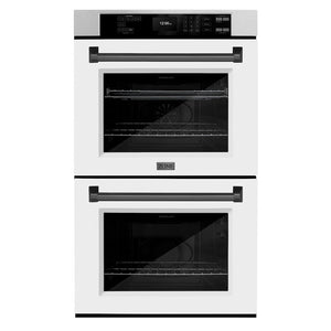 ZLINE Autograph Edition 30 in. Professional True Convection Double Wall Oven with Air Fry and Self Clean in Satin Stainless Steel with White Matte Doors and Matte Black Handles (WADSZ-WM-30-MB) main image.