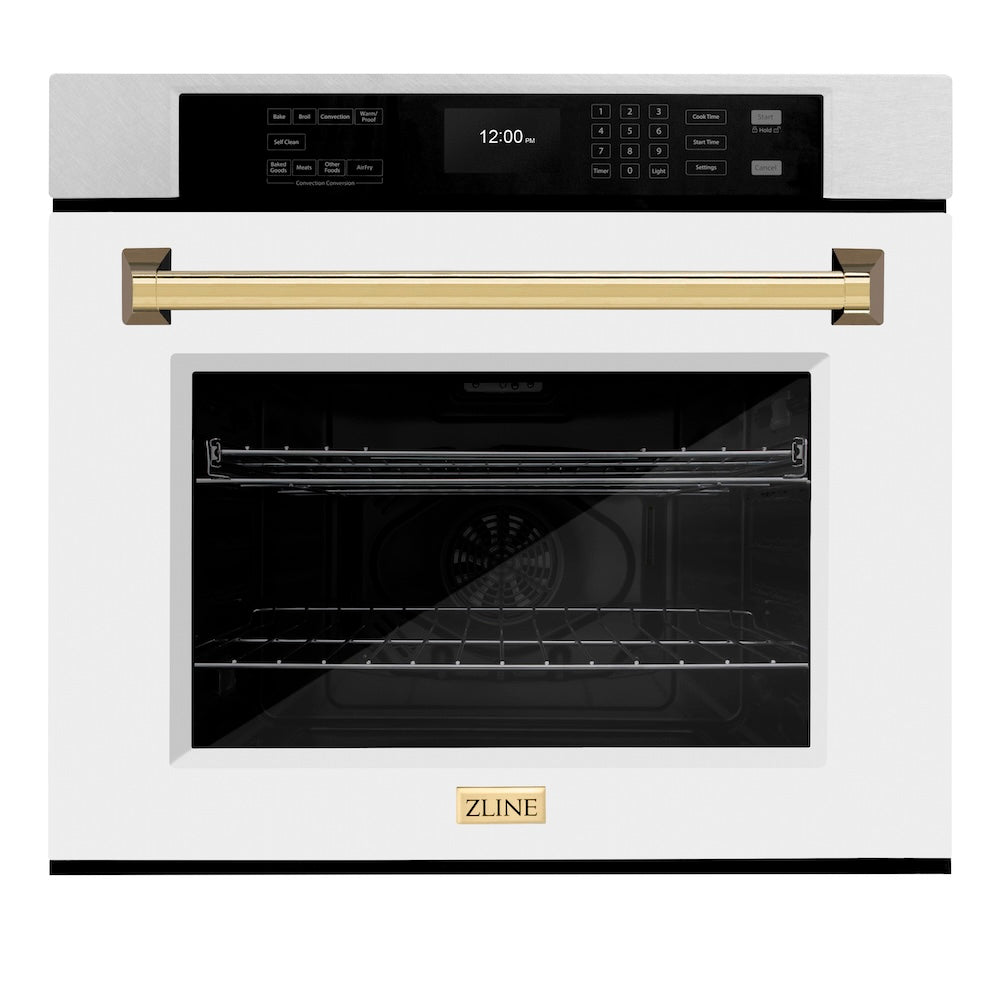 ZLINE Autograph Edition 30 in. Professional True Convection Single Wall Oven with Air Fry and Self Clean in Satin Stainless Steel with White Matte Door and Polished Gold Handle (WASSZ-WM-30-G) main image.