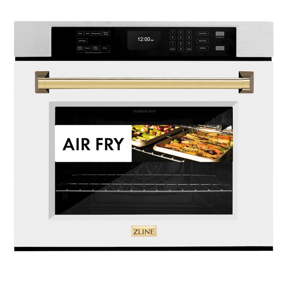 ZLINE Autograph Edition 30 in. Professional True Convection Single Wall Oven with Air Fry and Self Clean in Satin Stainless Steel with White Matte Door and Polished Gold Handle (WASSZ-WM-30-G)