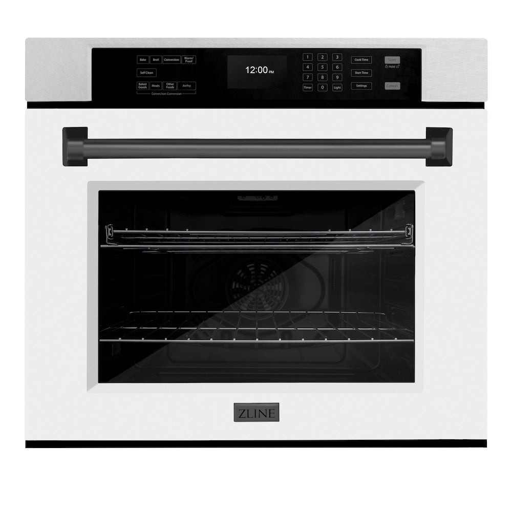 ZLINE Autograph Edition 30 in. Professional True Convection Single Wall Oven with Air Fry and Self Clean in Satin Stainless Steel with White Matte Door and Matte Black Handle (WASSZ-WM-30-MB) main image.