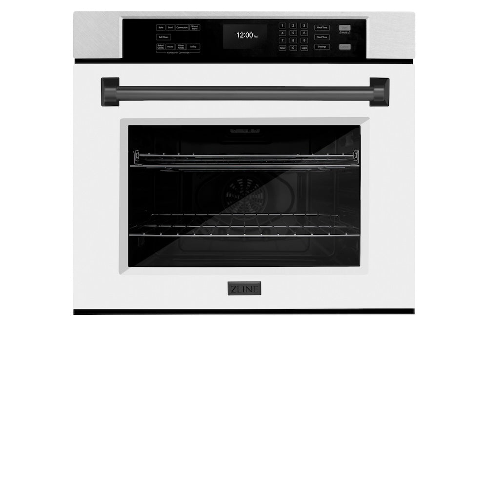 ZLINE Autograph Edition 30 in. Professional True Convection Single Wall Oven with Air Fry and Self Clean in Satin Stainless Steel with White Matte Door and Matte Black Handle (WASSZ-WM-30-MB)