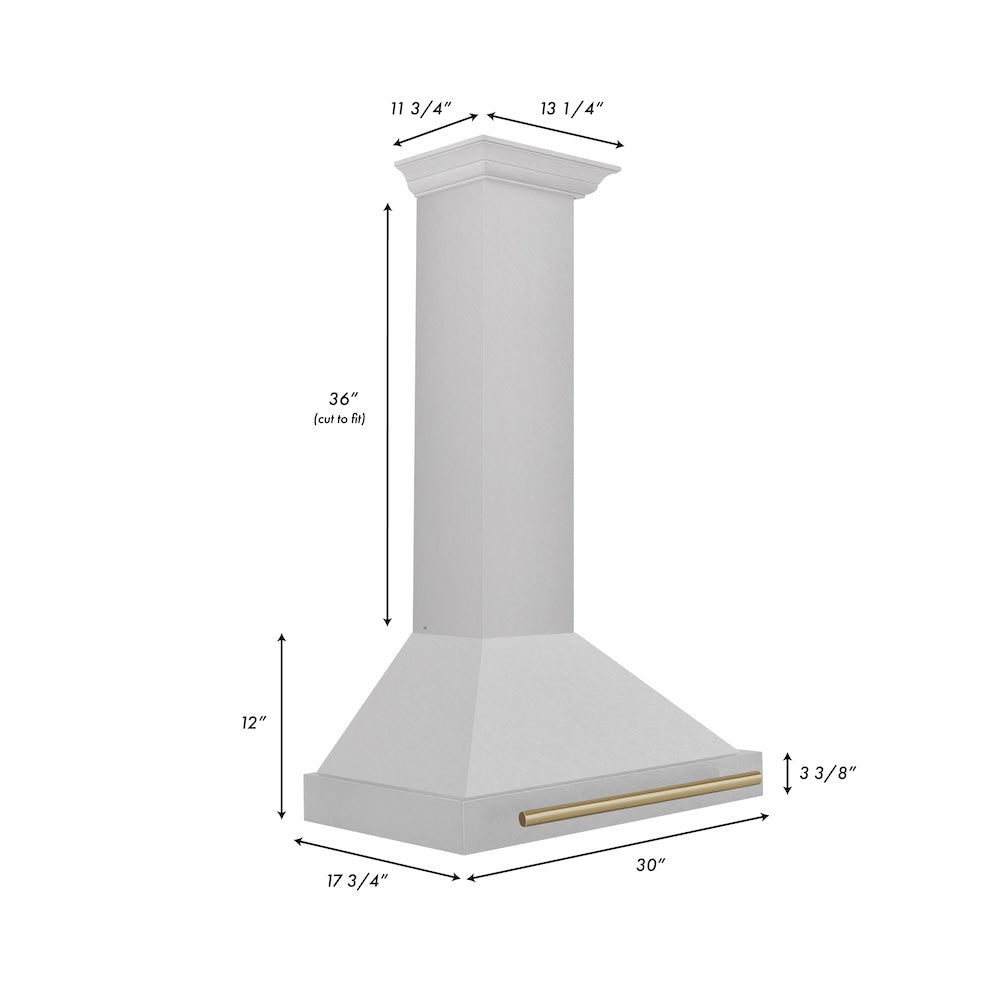 ZLINE Autograph Edition 30 in. Convertible Satin Stainless Steel Wall Mount Range Hood with Accent Handle (KB4SNZ-30) dimensional diagram.