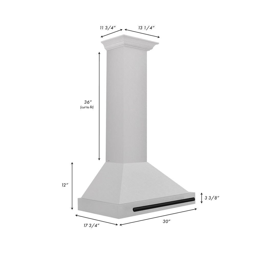 ZLINE Autograph Edition 30 in. Convertible Satin Stainless Steel Wall Mount Range Hood with Accent Handle (KB4SNZ-30) dimensional diagram.