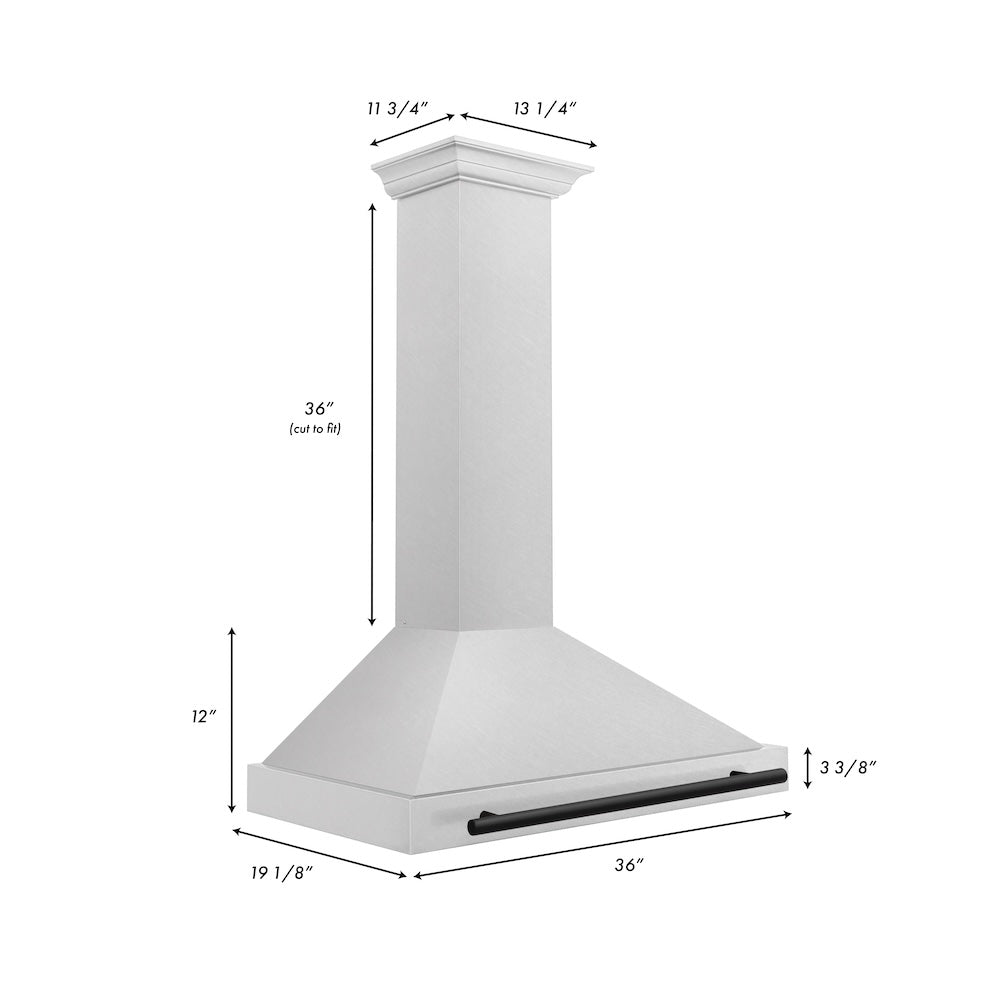 ZLINE Autograph Edition 36 in. Convertible Satin Stainless Steel Wall Mount Range Hood with Accent Handle (KB4SNZ-36) dimensional diagram.