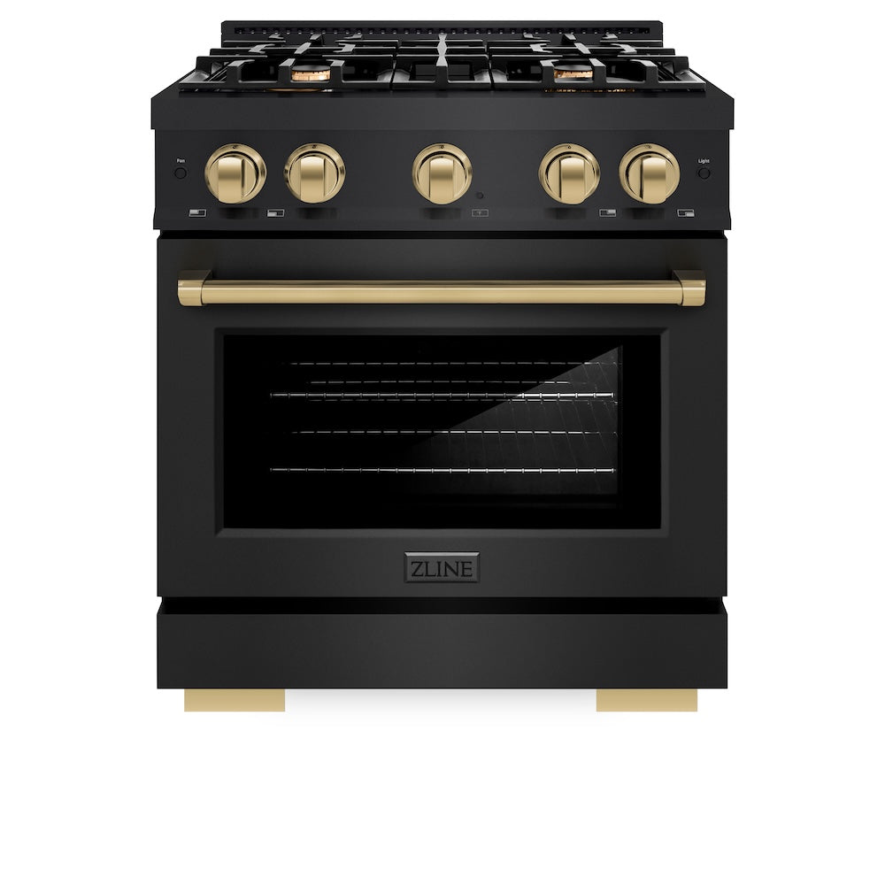 ZLINE Autograph Edition 30 in. 4.2 cu. ft. Select Dual Fuel Range with 4 Burner Gas Cooktop and Electric Convection Oven in Black Stainless Steel with Champagne Bronze Accents (HDRBZ-30-CB)