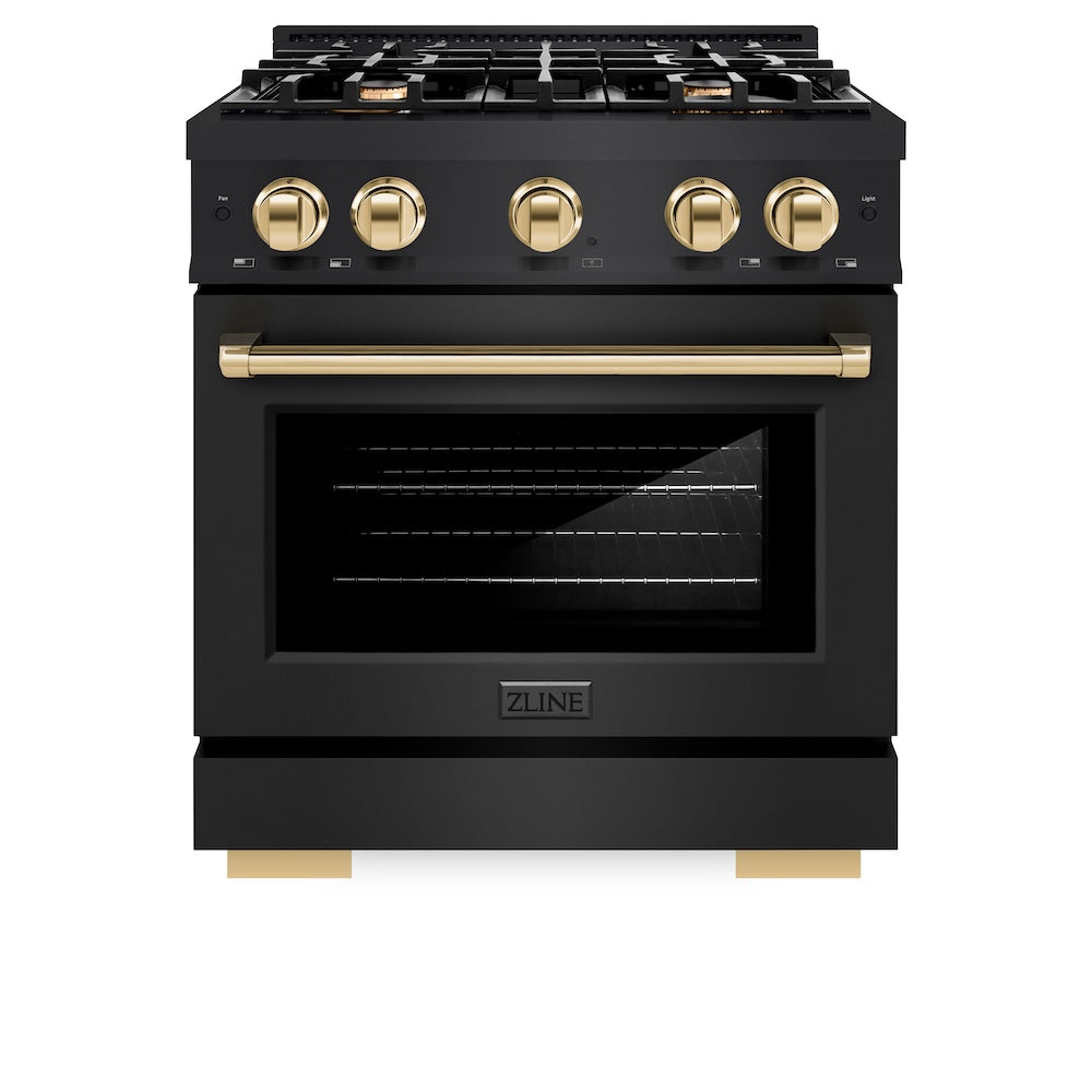 ZLINE Autograph Edition 30 in. 4.2 cu. ft. Select Dual Fuel Range with 4 Burner Gas Cooktop and Electric Convection Oven in Black Stainless Steel with Polished Gold Accents (HDRBZ-30-G)