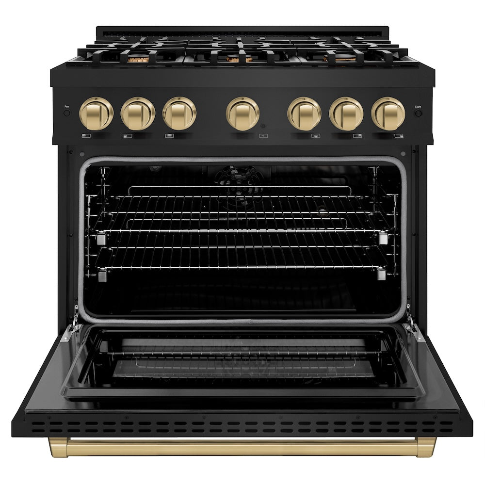 ZLINE Autograph Edition 36 in. 5.2 cu. ft. Select Dual Fuel Range with 6 Burner Gas Cooktop and Electric Convection Oven in Black Stainless Steel with Champagne Bronze Accents (HDRBZ-36-CB)