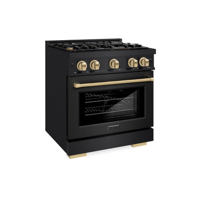 ZLINE Autograph Edition 30 in. 4.2 cu. ft. Select Gas Range with 4 Burner Cooktop and Convection Gas Oven in Black Stainless Steel and Champagne Bronze Accents, Open Box-Great Condition