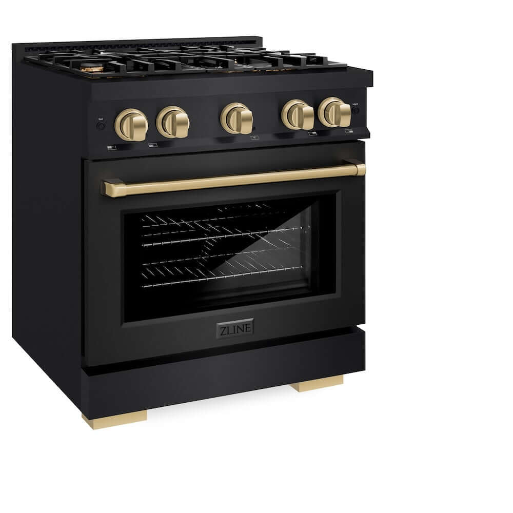 ZLINE Autograph Edition 30 in. 4.2 cu. ft. Select Gas Range with 4 Burner Cooktop and Convection Gas Oven in Black Stainless Steel and Champagne Bronze Accents (HGRBZ-30-CB)