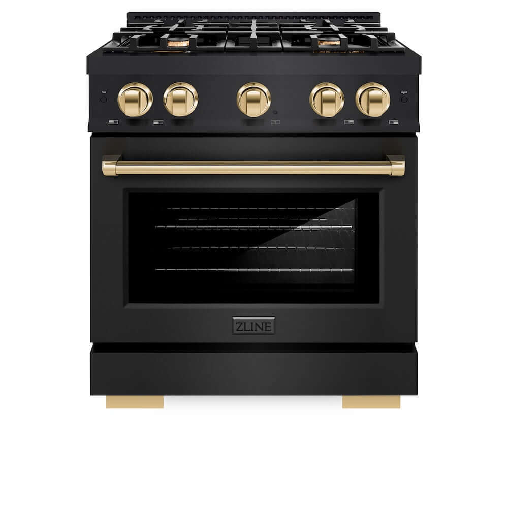 ZLINE Autograph Edition 30 in. 4.2 cu. ft. Select Gas Range with 4 Burner Cooktop and Convection Gas Oven in Black Stainless Steel and Polished Gold Accents (HGRBZ-30-G)