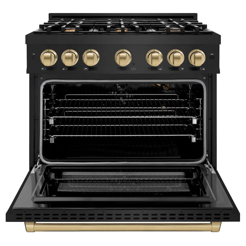 ZLINE Autograph Edition 36 in. 5.2 cu. ft. Select Gas Range with 6 Burner Cooktop and Convection Gas Oven in Black Stainless Steel and Champagne Bronze Accents (HGRBZ-36-CB)