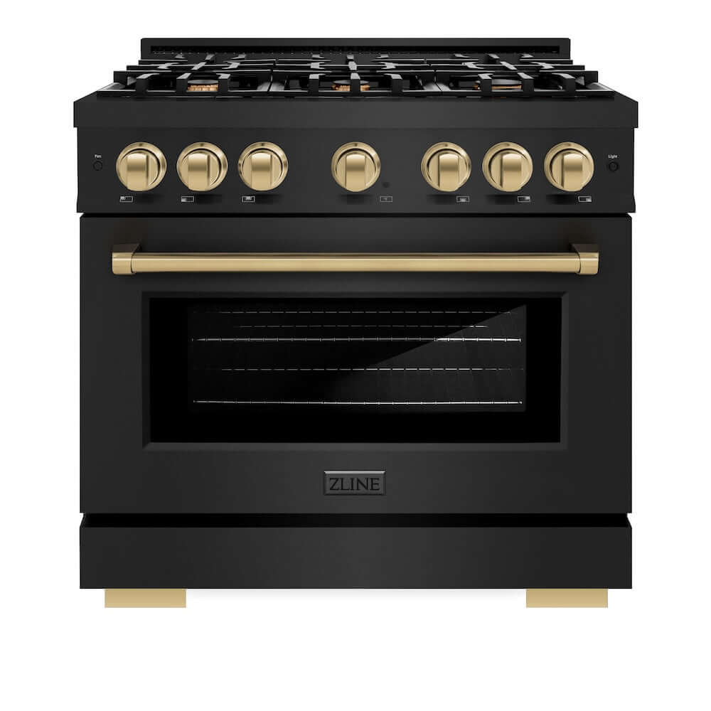 ZLINE Autograph Edition 36 in. 5.2 cu. ft. Select Gas Range with 6 Burner Cooktop and Convection Gas Oven in Black Stainless Steel and Champagne Bronze Accents (HGRBZ-36-CB)