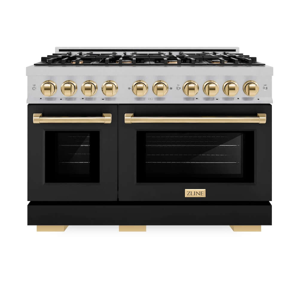 ZLINE Autograph Edition 48 in. 6.7 cu. ft. Select Double Oven Gas Range with 8 Burner Cooktop in DuraSnow® Stainless Steel with Black Matte Doors and Polished Gold Accents (HGRSZ-BLM-48-G)