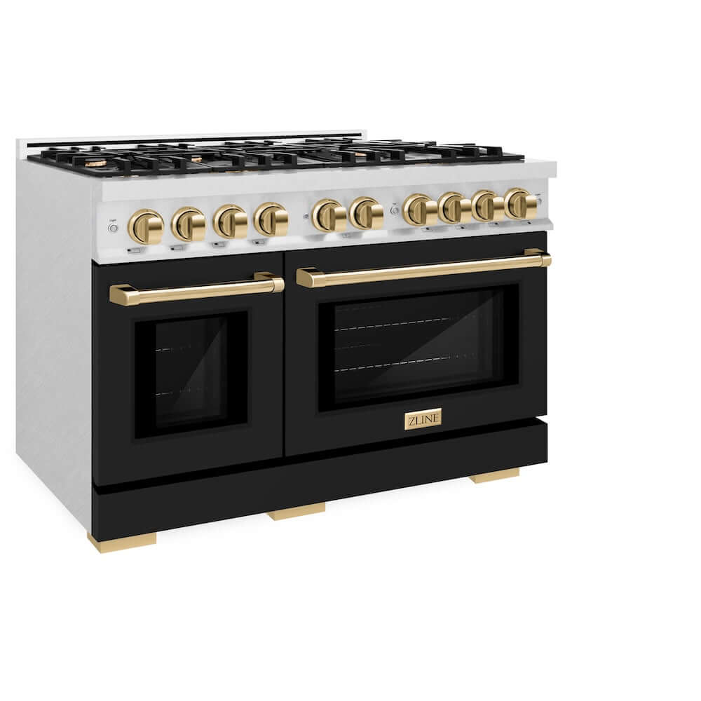 ZLINE Autograph Edition 48 in. 6.7 cu. ft. Select Double Oven Gas Range with 8 Burner Cooktop in DuraSnow® Stainless Steel with Black Matte Doors and Polished Gold Accents (HGRSZ-BLM-48-G)