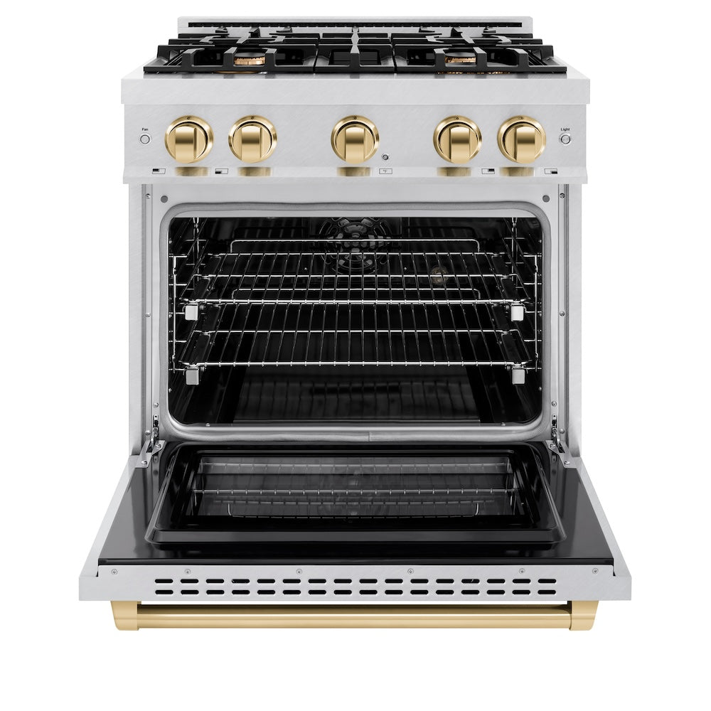 ZLINE Autograph Edition 30 in. 4.2 cu. ft. Select Dual Fuel Range with 4 Burner Gas Cooktop and Electric Convection Oven in DuraSnow® Stainless Steel with Polished Gold Accents (HDRSZ-30-G)