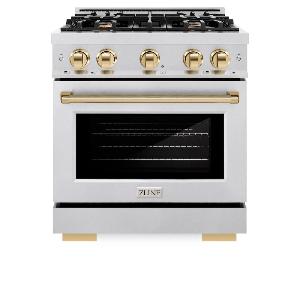 ZLINE Autograph Edition 30 in. 4.2 cu. ft. Select Dual Fuel Range with 4 Burner Gas Cooktop and Electric Convection Oven in DuraSnow® Stainless Steel with Polished Gold Accents (HDRSZ-30-G)