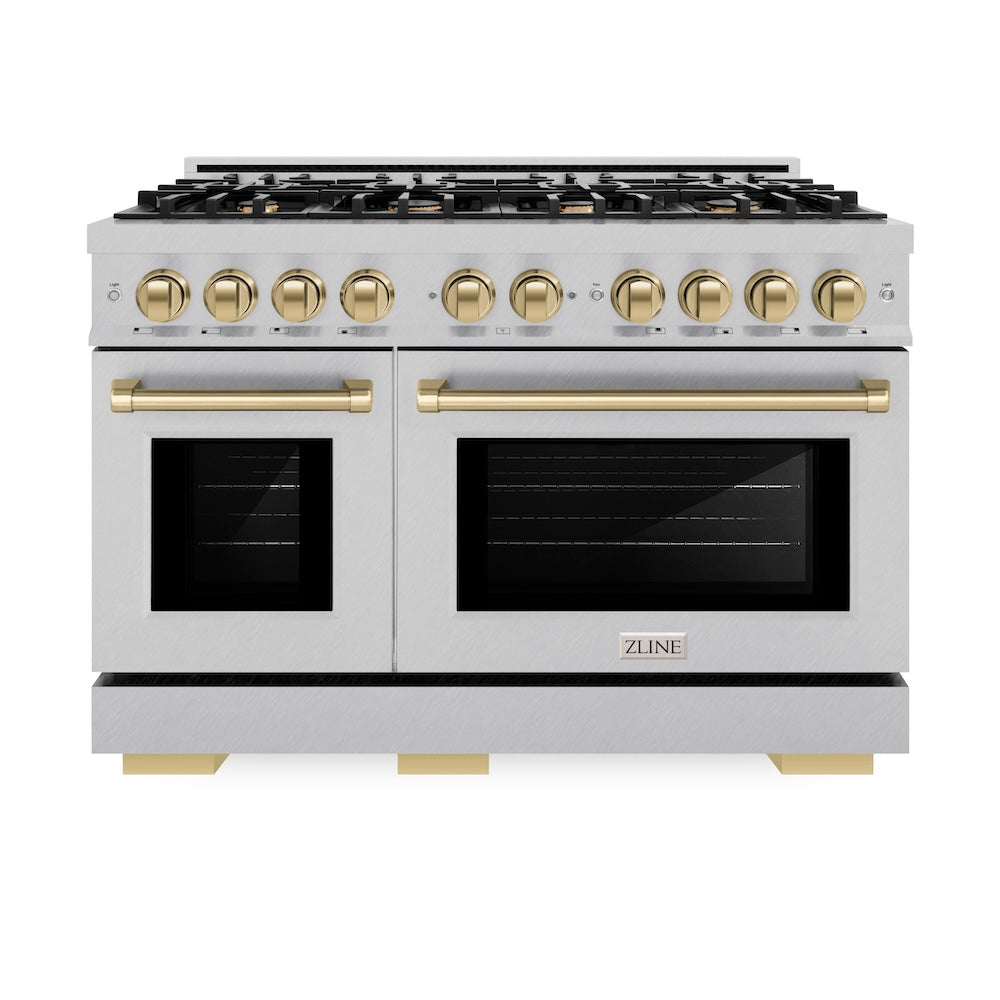 ZLINE Autograph Edition 48 in. 6.7 cu. ft. Select Double Oven Dual Fuel Range with 8 Burner Gas Cooktop in DuraSnow® Stainless Steel and Champagne Bronze Accents (HDRSZ-48-CB)