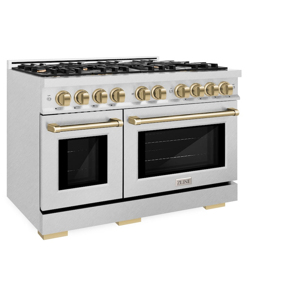 ZLINE Autograph Edition 48 in. 6.7 cu. ft. Select Double Oven Dual Fuel Range with 8 Burner Gas Cooktop in DuraSnow® Stainless Steel and Champagne Bronze Accents (HDRSZ-48-CB)