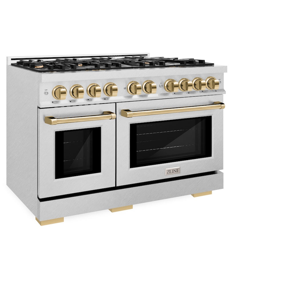 ZLINE Autograph Edition 48 in. 6.7 cu. ft. Select Double Oven Dual Fuel Range with 8 Burner Gas Cooktop in DuraSnow® Stainless Steel and Polished Gold Accents (HDRSZ-48-G)