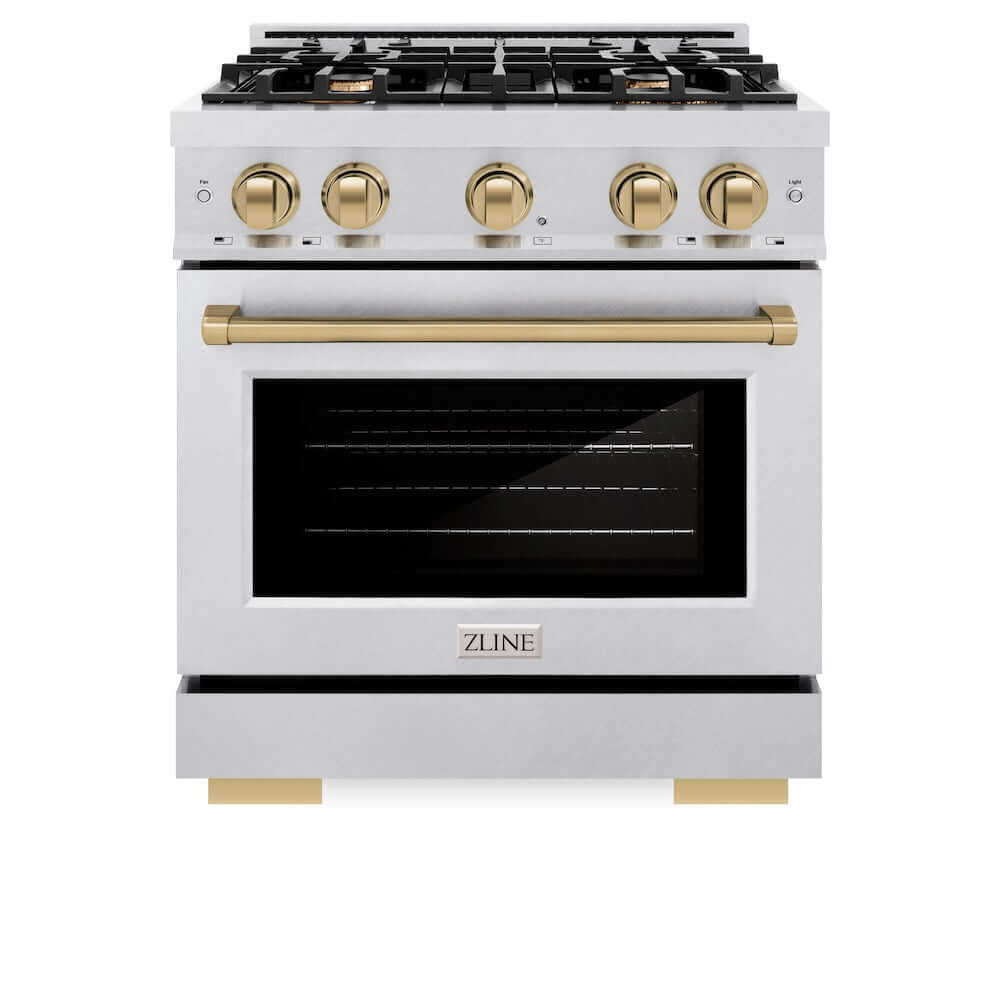 ZLINE Autograph Edition 30 in. 4.2 cu. ft. Select Gas Range with 4 Burner Cooktop and Convection Gas Oven in DuraSnow® Stainless Steel and Champagne Bronze Accents (HGRSZ-30-CB)