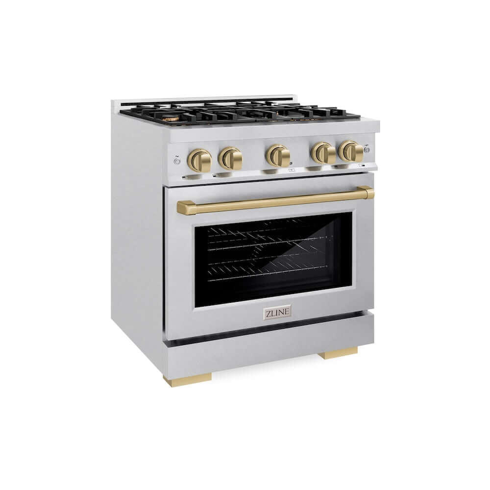 ZLINE Autograph Edition 30 in. 4.2 cu. ft. Select Gas Range with 4 Burner Cooktop and Convection Gas Oven in DuraSnow® Stainless Steel and Champagne Bronze Accents (HGRSZ-30-CB)