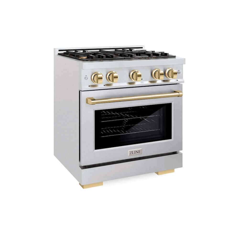 ZLINE Autograph Edition 30 in. 4.2 cu. ft. Select Gas Range with 4 Burner Cooktop and Convection Gas Oven in DuraSnow® Stainless Steel and Polished Gold Accents (HGRSZ-30-G)