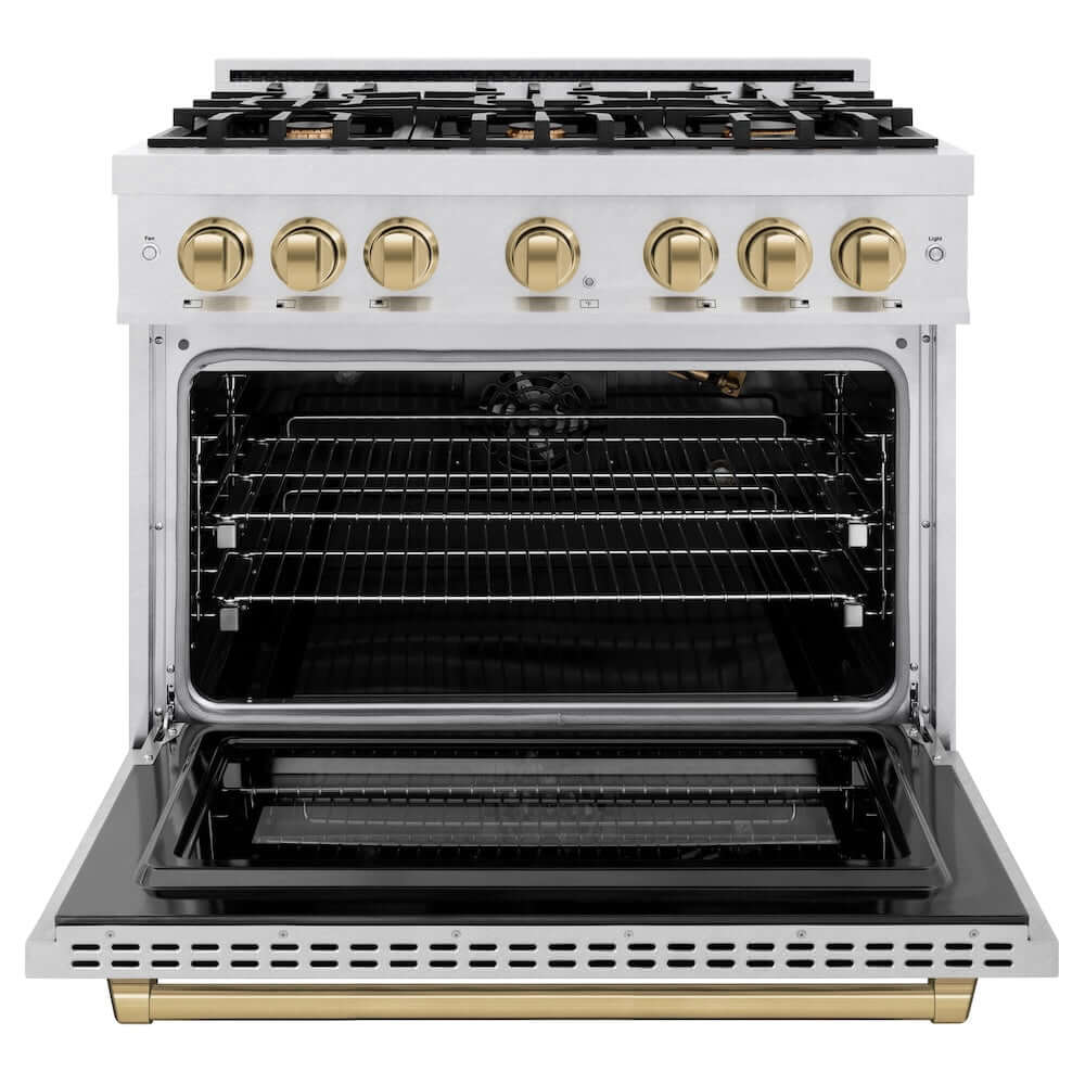 ZLINE Autograph Edition 36 in. 5.2 cu. ft. Select Gas Range with 6 Burner Cooktop and Convection Gas Oven in DuraSnow® Stainless Steel and Champagne Bronze Accents (HGRSZ-36-CB)