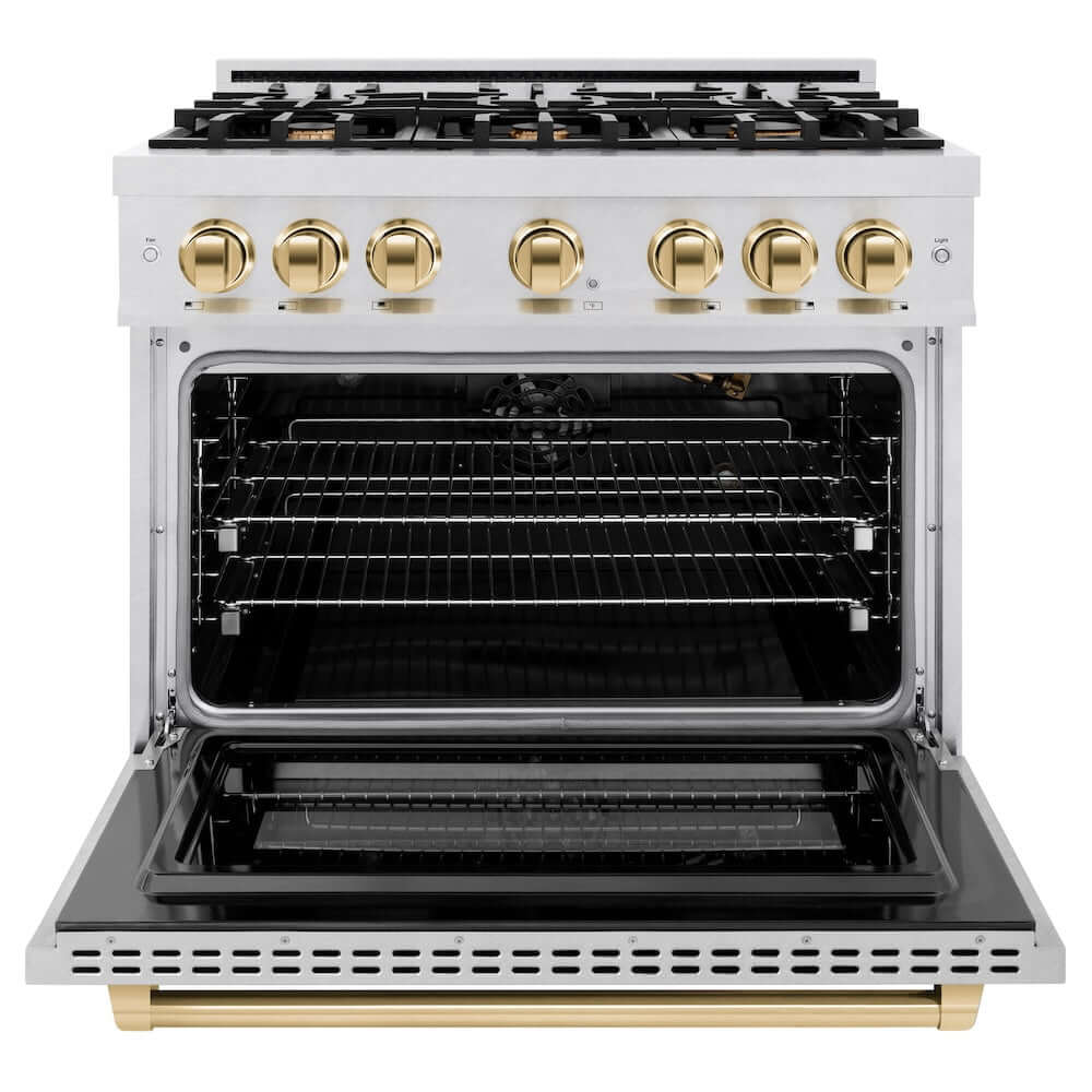 ZLINE Autograph Edition 36 in. 5.2 cu. ft. Select Gas Range with 6 Burner Cooktop and Convection Gas Oven in DuraSnow® Stainless Steel and Polished Gold Accents (HGRSZ-36-G)