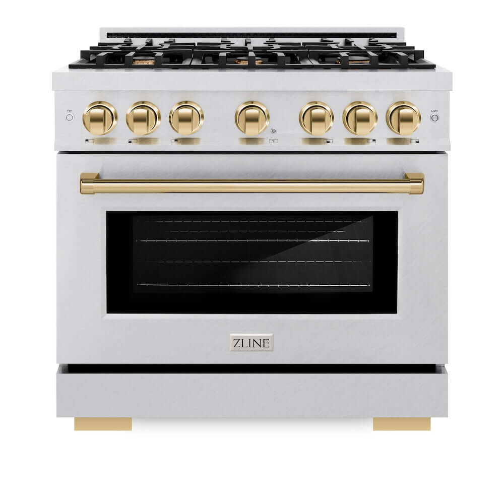 ZLINE Autograph Edition 36 in. 5.2 cu. ft. Select Gas Range with 6 Burner Cooktop and Convection Gas Oven in DuraSnow® Stainless Steel and Polished Gold Accents (HGRSZ-36-G)