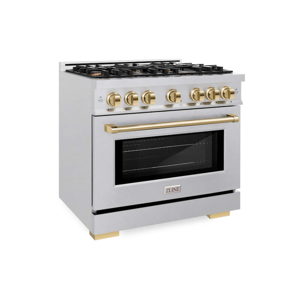 ZLINE Autograph Edition 36 in. 5.2 cu. ft. Select Gas Range with 6 Burner Cooktop and Convection Gas Oven in DuraSnow® Stainless Steel and Polished Gold Accents (HGRSZ-36-G)