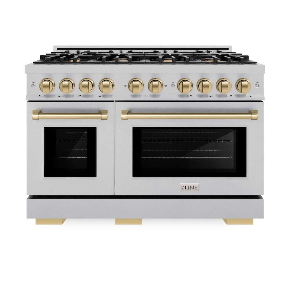 ZLINE Autograph Edition 48 in. 6.7 cu. ft. Select Double Oven Gas Range with 8 Burner Cooktop in DuraSnow® Stainless Steel and Champagne Bronze Accents (HGRSZ-48-CB)