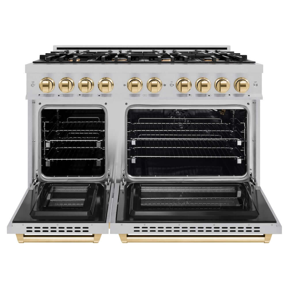 ZLINE Autograph Edition 48 in. 6.7 cu. ft. Select Double Oven Gas Range with 8 Burner Cooktop in DuraSnow® Stainless Steel and Polished Gold Accents (HGRSZ-48-G)