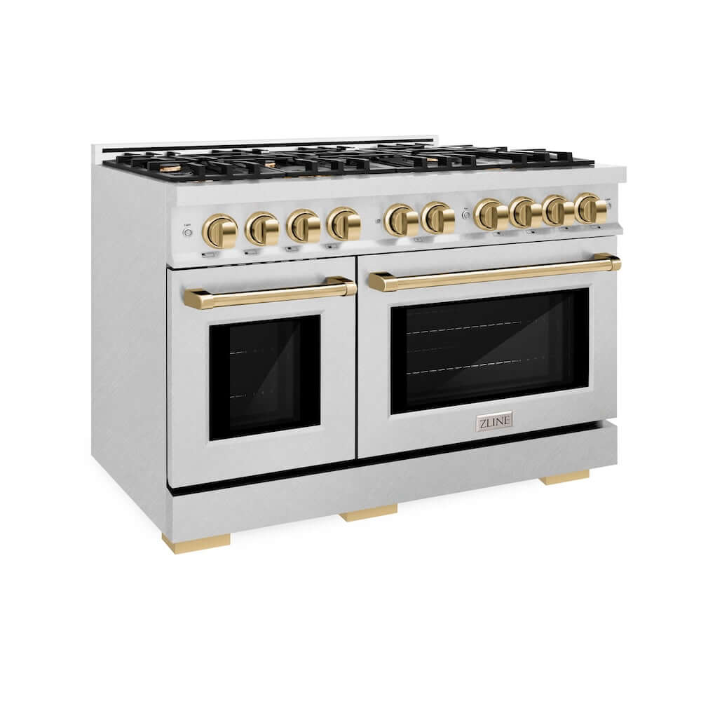 ZLINE Autograph Edition 48 in. 6.7 cu. ft. Select Double Oven Gas Range with 8 Burner Cooktop in DuraSnow® Stainless Steel and Polished Gold Accents (HGRSZ-48-G)