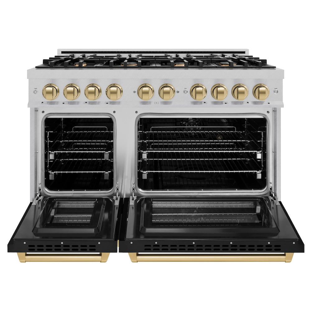 ZLINE Autograph Edition 48 in. 6.7 cu. ft. Select Double Oven Dual Fuel Range with 8 Burner Gas Cooktop in DuraSnow® Stainless Steel with Black Matte Doors and Champagne Bronze Accents (HDRSZ-BLM-48-CB)