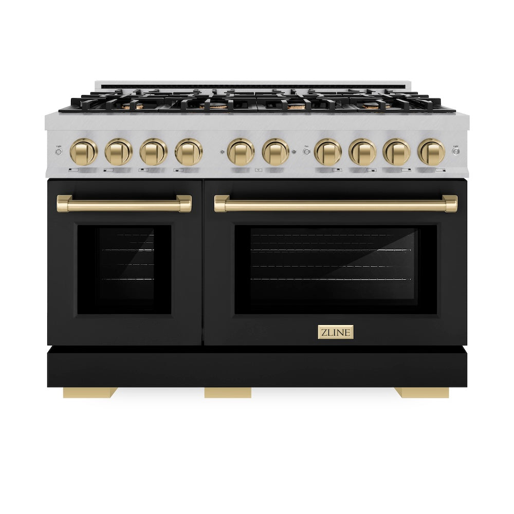 ZLINE Autograph Edition 48 in. 6.7 cu. ft. Select Double Oven Dual Fuel Range with 8 Burner Gas Cooktop in DuraSnow® Stainless Steel with Black Matte Doors and Champagne Bronze Accents (HDRSZ-BLM-48-CB)