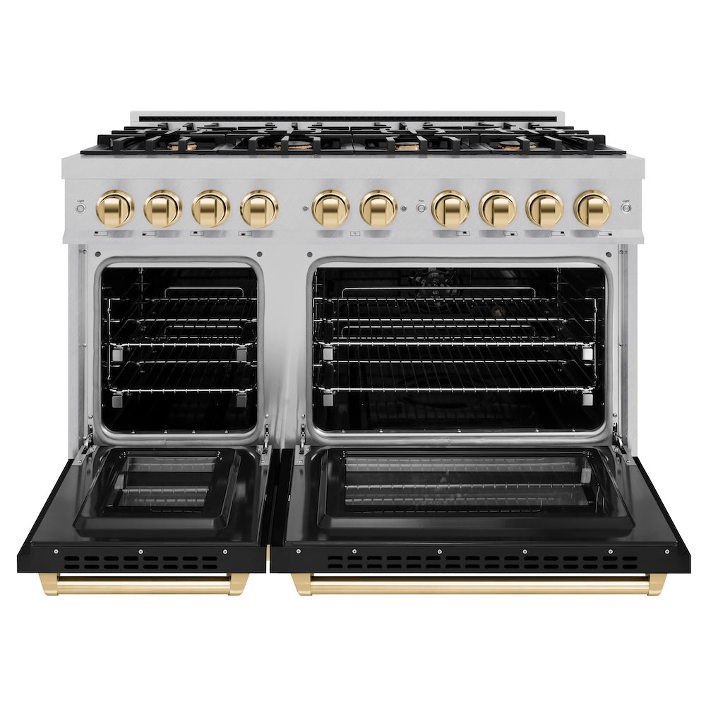 ZLINE Autograph Edition 48 in. 6.7 cu. ft. Select Double Oven Dual Fuel Range with 8 Burner Gas Cooktop in DuraSnow® Stainless Steel with Black Matte Doors and Polished Gold Accents (HDRSZ-BLM-48-G)