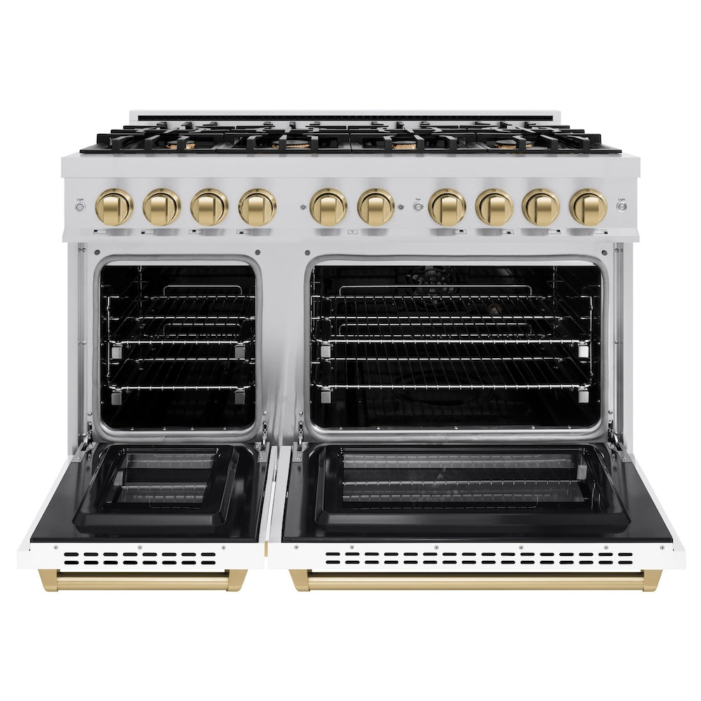 ZLINE Autograph Edition 48 in. 6.7 cu. ft. Select Double Oven Dual Fuel Range with 8 Burner Gas Cooktop in DuraSnow® Stainless Steel with White Matte Doors and Champagne Bronze Accents (HDRSZ-WM-48-CB)