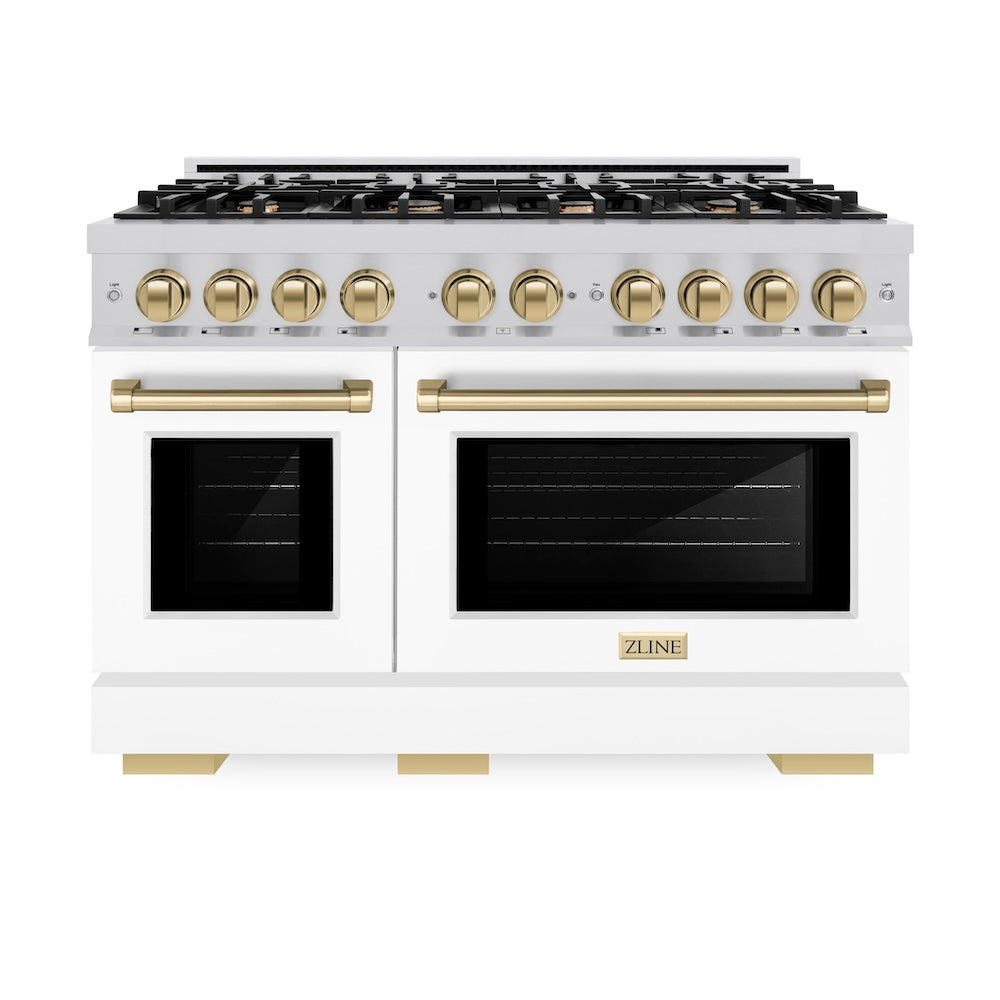 ZLINE Autograph Edition 48 in. 6.7 cu. ft. Select Double Oven Dual Fuel Range with 8 Burner Gas Cooktop in DuraSnow® Stainless Steel with White Matte Doors and Champagne Bronze Accents (HDRSZ-WM-48-CB)