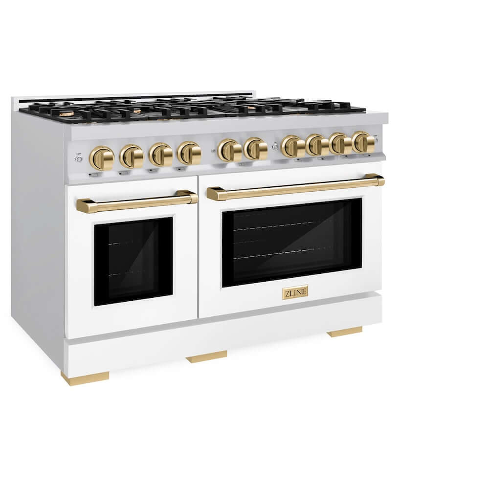 ZLINE Autograph Edition 48 in. 6.7 cu. ft. Select Double Oven Dual Fuel Range with 8 Burner Gas Cooktop in DuraSnow® Stainless Steel with White Matte Doors and Polished Gold Accents (HDRSZ-WM-48-G)