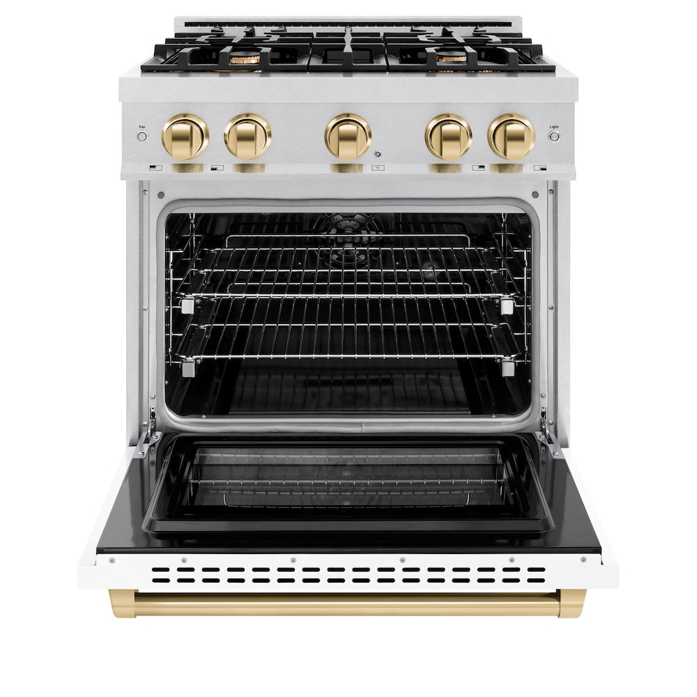 ZLINE Autograph Edition 30 in. 4.2 cu. ft. Select Dual Fuel Range with 4 Burner Gas Cooktop and Electric Convection Oven in DuraSnow® Stainless Steel with White Matte Door and Polished Gold Accents (HDRSZ-WM-30-G)