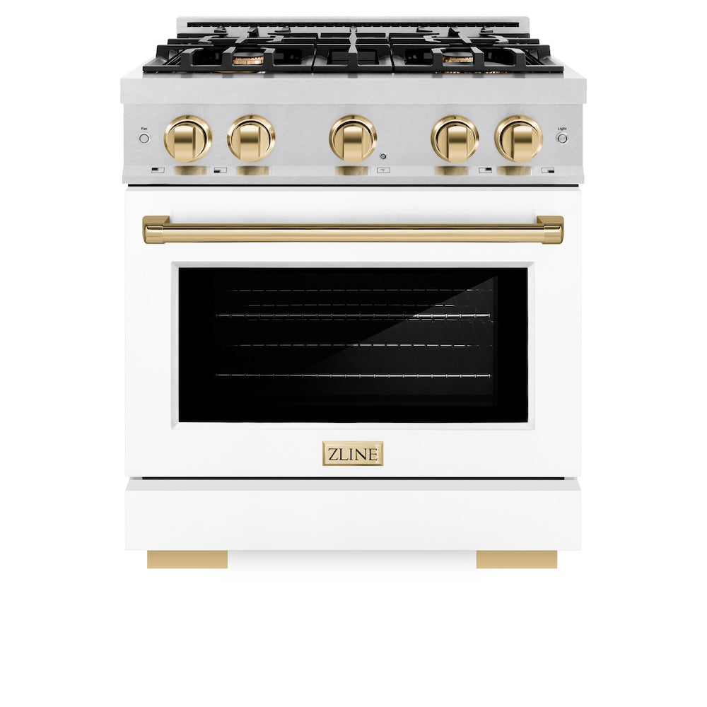 ZLINE Autograph Edition 30 in. 4.2 cu. ft. Select Dual Fuel Range with 4 Burner Gas Cooktop and Electric Convection Oven in DuraSnow® Stainless Steel with White Matte Door and Polished Gold Accents (HDRSZ-WM-30-G)