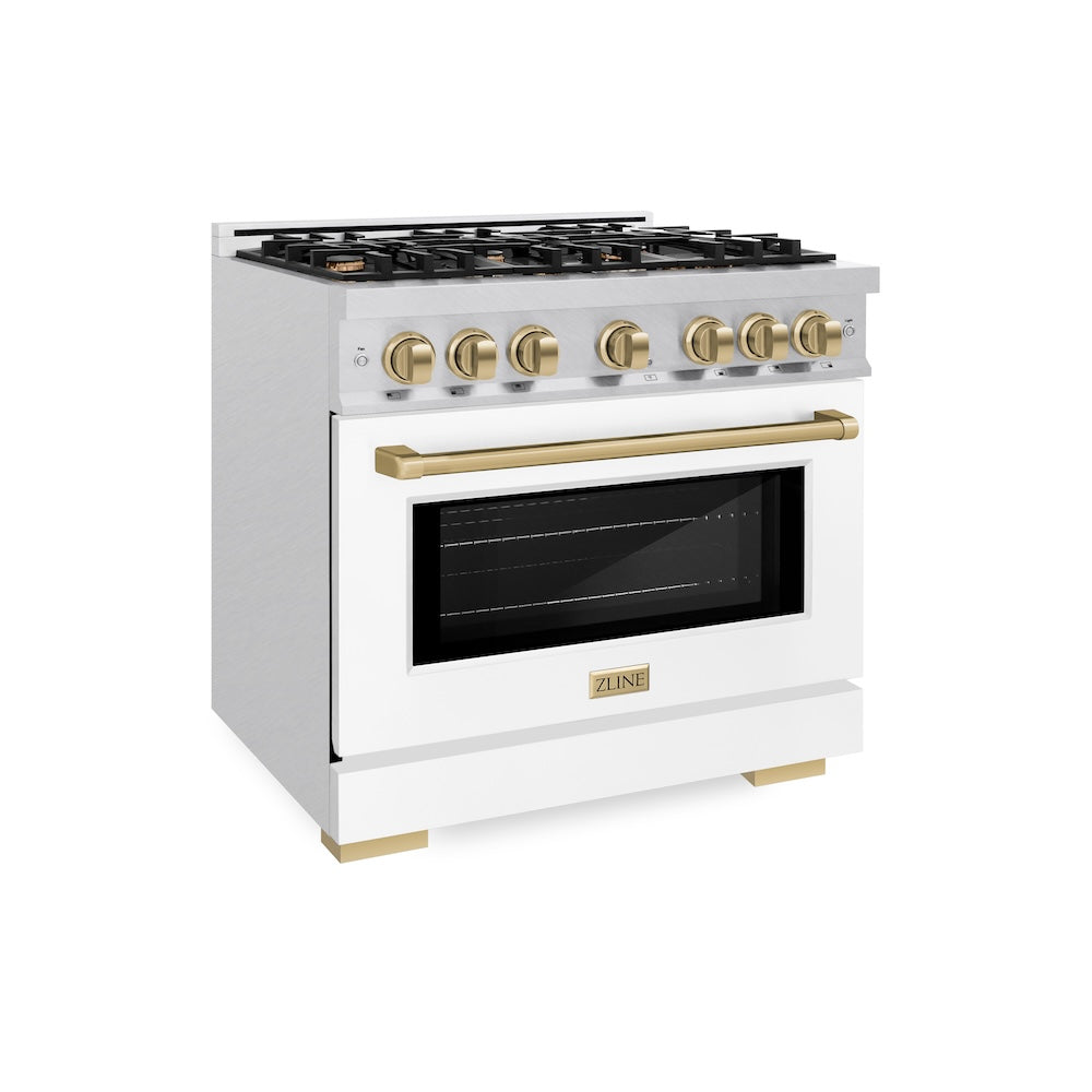 ZLINE Autograph Edition 36 in. 5.2 cu. ft. Select Dual Fuel Range with 6 Burner Gas Cooktop and Electric Convection Oven in DuraSnow® Stainless Steel with White Matte Door and Champagne Bronze Accents (HDRSZ-WM-36-CB)