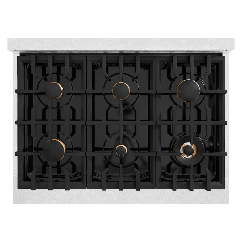 ZLINE Autograph Edition 36 in. 5.2 cu. ft. Select Dual Fuel Range with 6 Burner Gas Cooktop and Electric Convection Oven in DuraSnow® Stainless Steel with White Matte Door and Polished Gold Accents (HDRSZ-WM-36-G)