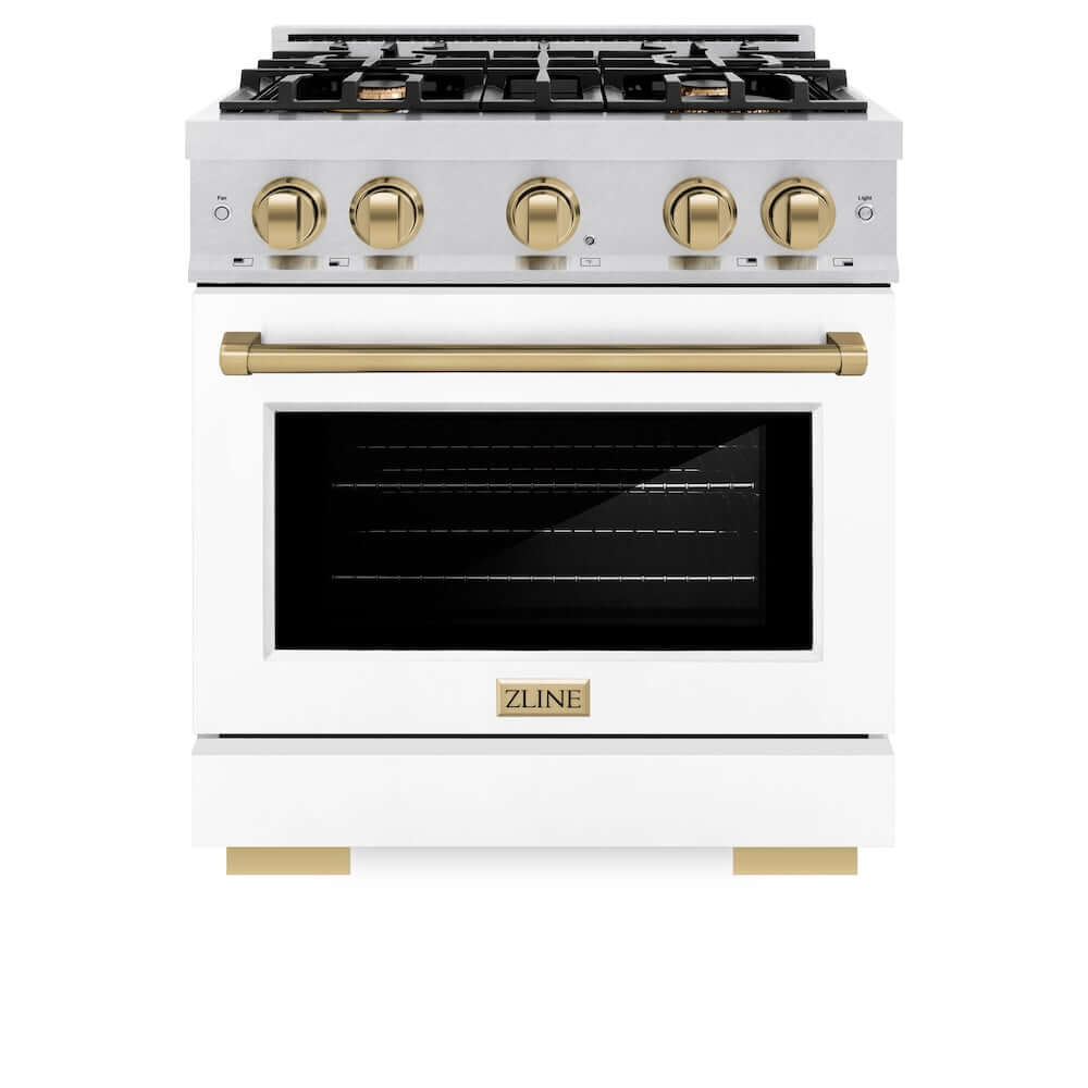 ZLINE Autograph Edition 30 in. 4.2 cu. ft. Select Gas Range with 4 Burner Cooktop and Convection Gas Oven in DuraSnow® Stainless Steel with White Matte Door and Champagne Bronze Accents (HGRSZ-WM-30-CB)