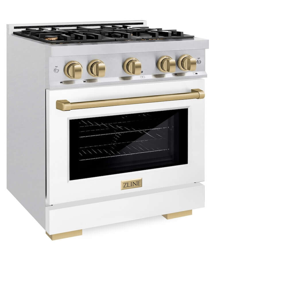 ZLINE Autograph Edition 30 in. 4.2 cu. ft. Select Gas Range with 4 Burner Cooktop and Convection Gas Oven in DuraSnow® Stainless Steel with White Matte Door and Champagne Bronze Accents (HGRSZ-WM-30-CB)