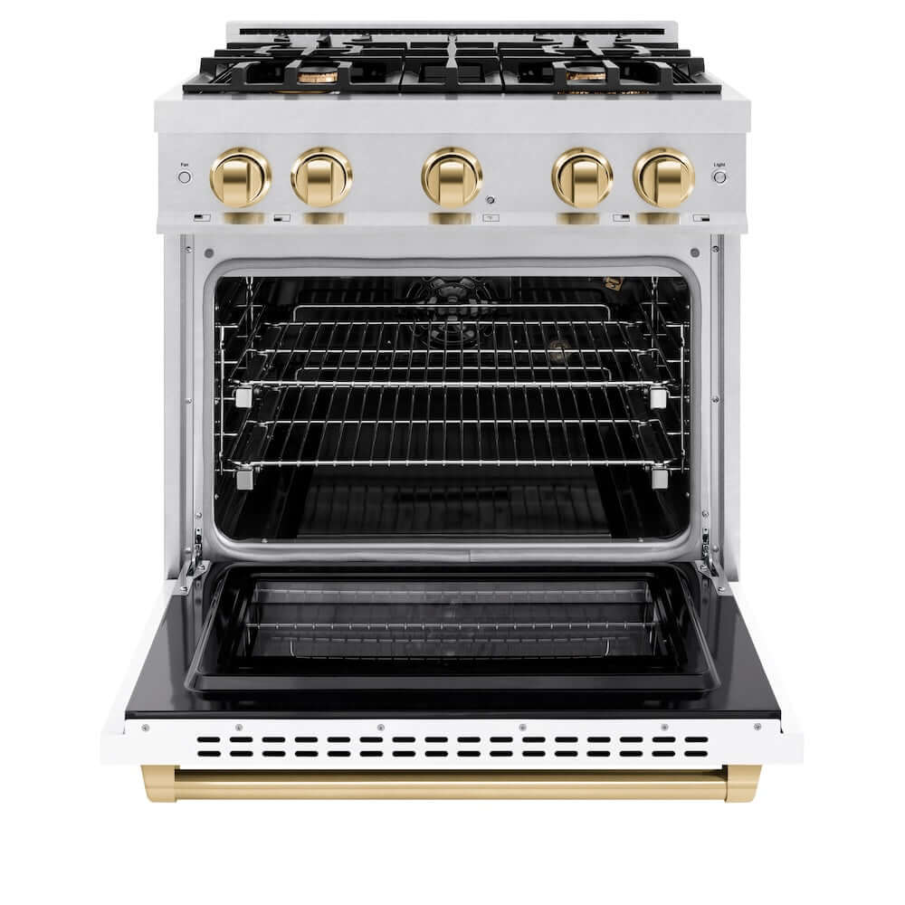 ZLINE Autograph Edition 30 in. 4.2 cu. ft. Select Gas Range with 4 Burner Cooktop and Convection Gas Oven in DuraSnow® Stainless Steel with White Matte Door and Polished Gold Accents (HGRSZ-WM-30-G)