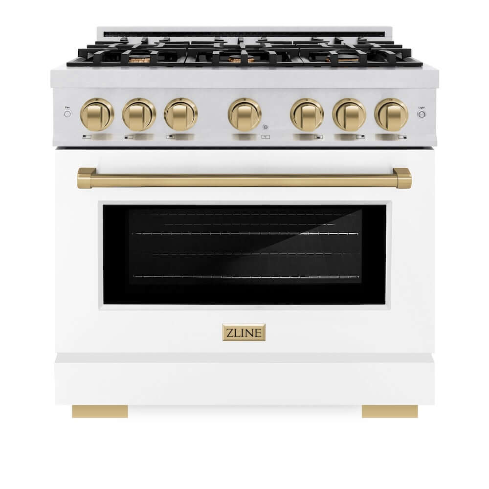 ZLINE Autograph Edition 36 in. 5.2 cu. ft. Select Gas Range with 6 Burner Cooktop and Convection Gas Oven in DuraSnow® Stainless Steel with White Matte Door and Champagne Bronze Accents (HGRSZ-WM-36-CB)