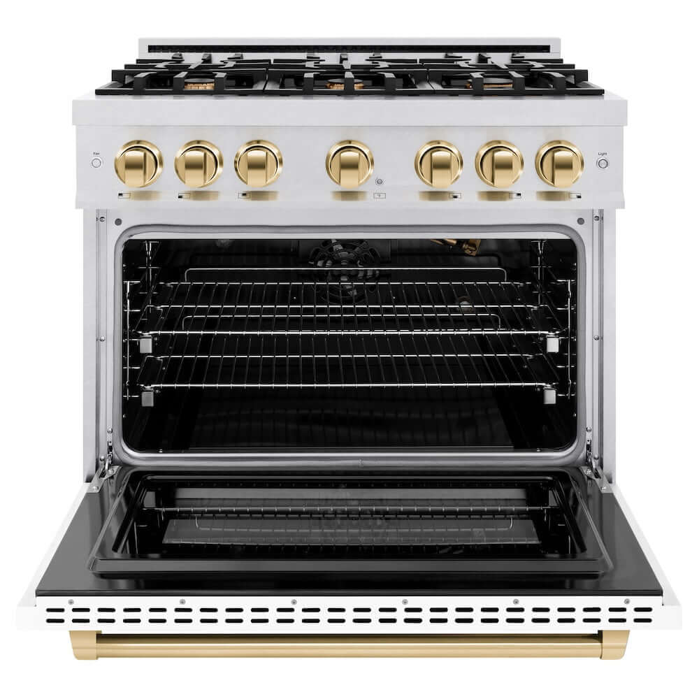 ZLINE Autograph Edition 36 in. 5.2 cu. ft. Select Gas Range with 6 Burner Cooktop and Convection Gas Oven in DuraSnow® Stainless Steel with White Matte Door and Polished Gold Accents (HGRSZ-WM-36-G)