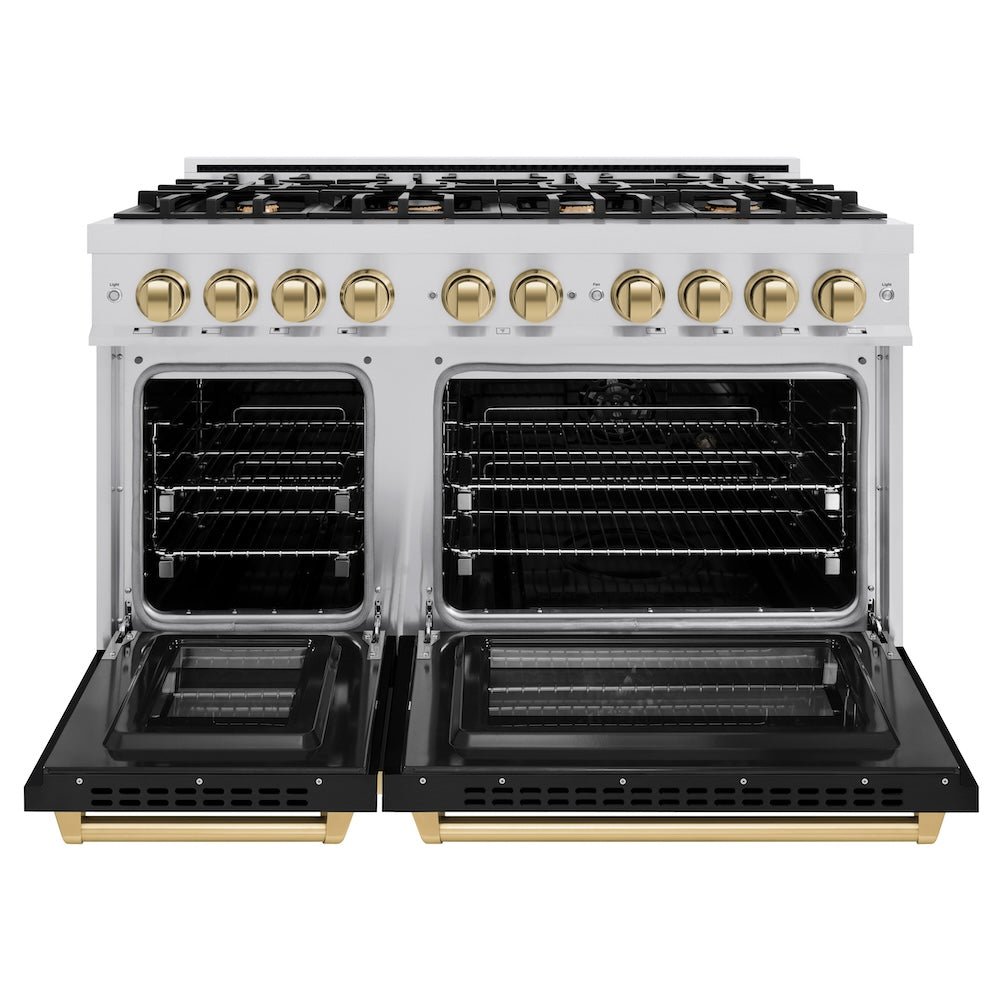 ZLINE Autograph Edition 48 in. 6.7 cu. ft. Select Double Oven Dual Fuel Range with 8 Burner Gas Cooktop in Stainless Steel with Black Matte Doors and Champagne Bronze Accents (HDRZ-BLM-48-CB)